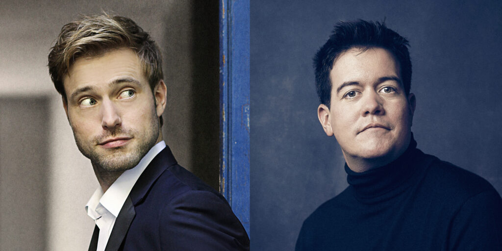 On the left a man looks back over his shoulder. On the right a man poses in front of a blue backdrop and looks at the camera.