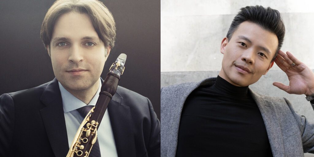 Man on the left looks at camera and poses with a clarinet. Man on the right leans back and rests his head on his hand.