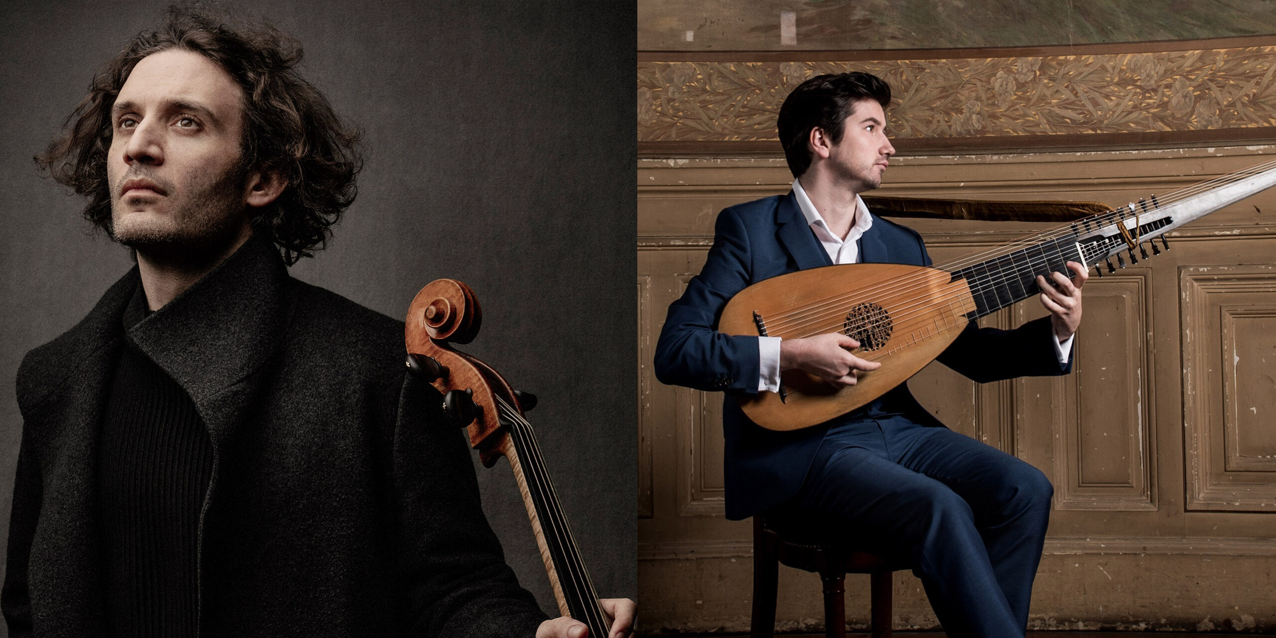 On the left a white man with curly hair looks off into the distance while posing with a cello. On the right a white man sits on a stool with a lute nd looks to the side