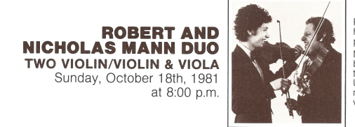 1981-1982 SEASON: Mann Duo (Robert & Nicholas Mann), two violins/violin & viola