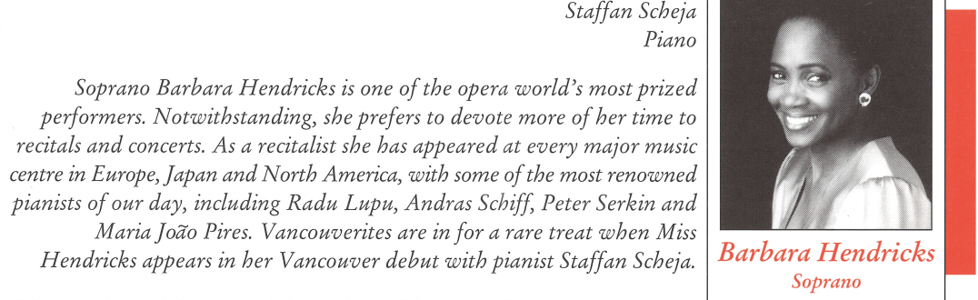 1992-1993 Season: Barbara Hendricks, soprano & Staffan Scheja, piano